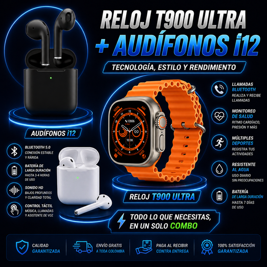 Reloj T900 Ultra + Auriculares i12